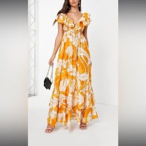 ASOS DESIGN printed ruffle maxi dress with side cut outs and lace up back-Size 0
